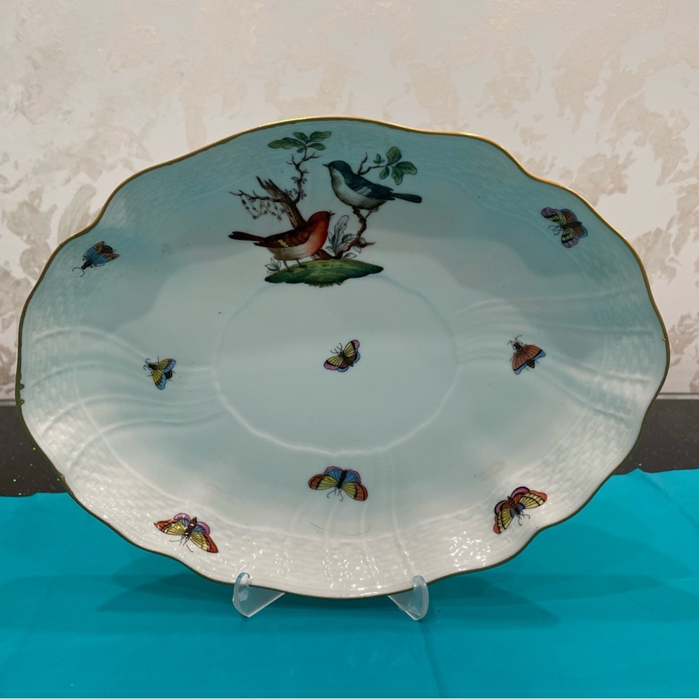 Herend Porcelain Rothschild Bird Oval Scalloped Dish Bowl Insects Birds Hungary